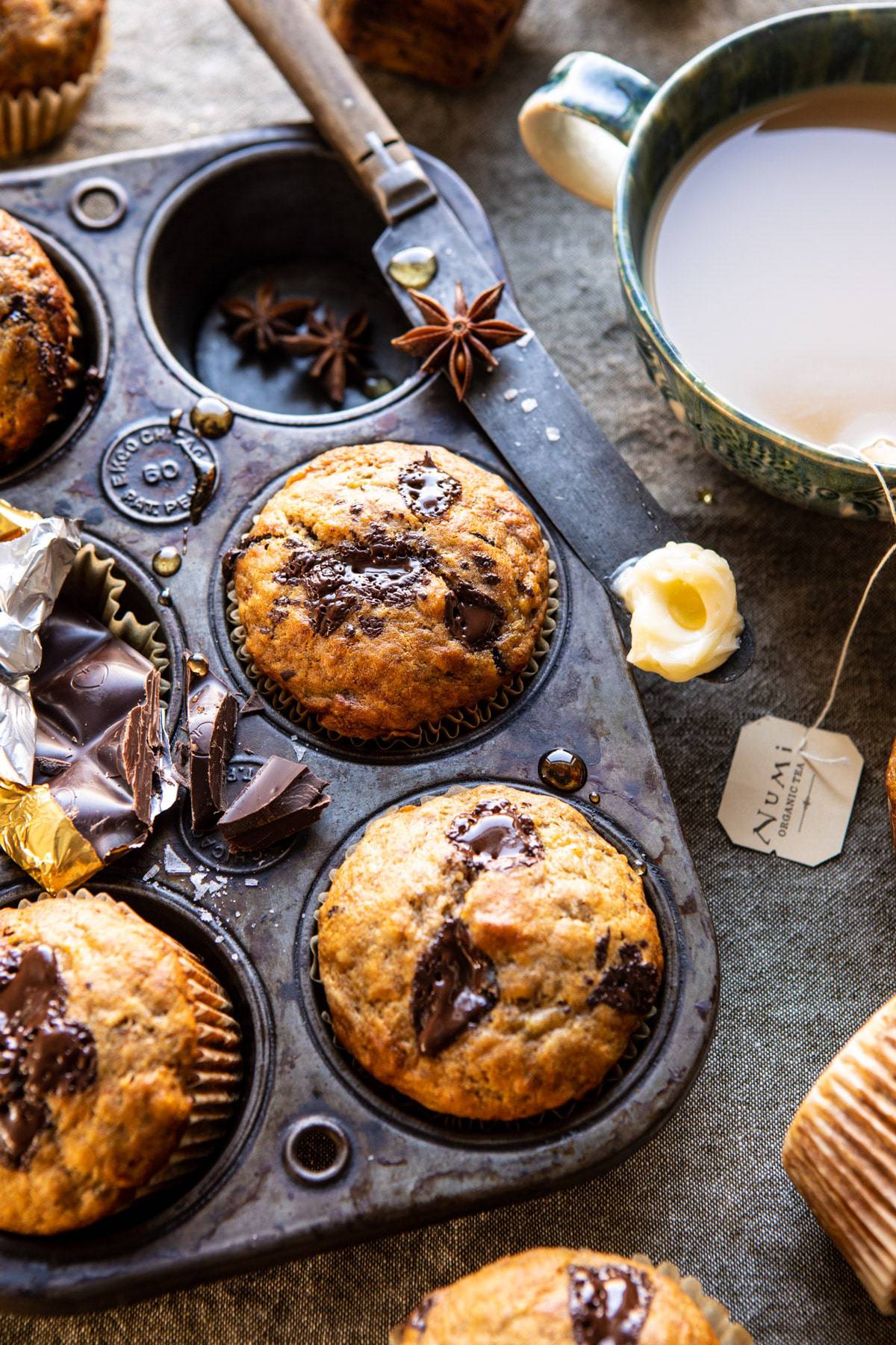 One Bowl Chocolate Chunk Chai Banana Muffins | halfbakedharvest.com #healthy #bananabread #muffin