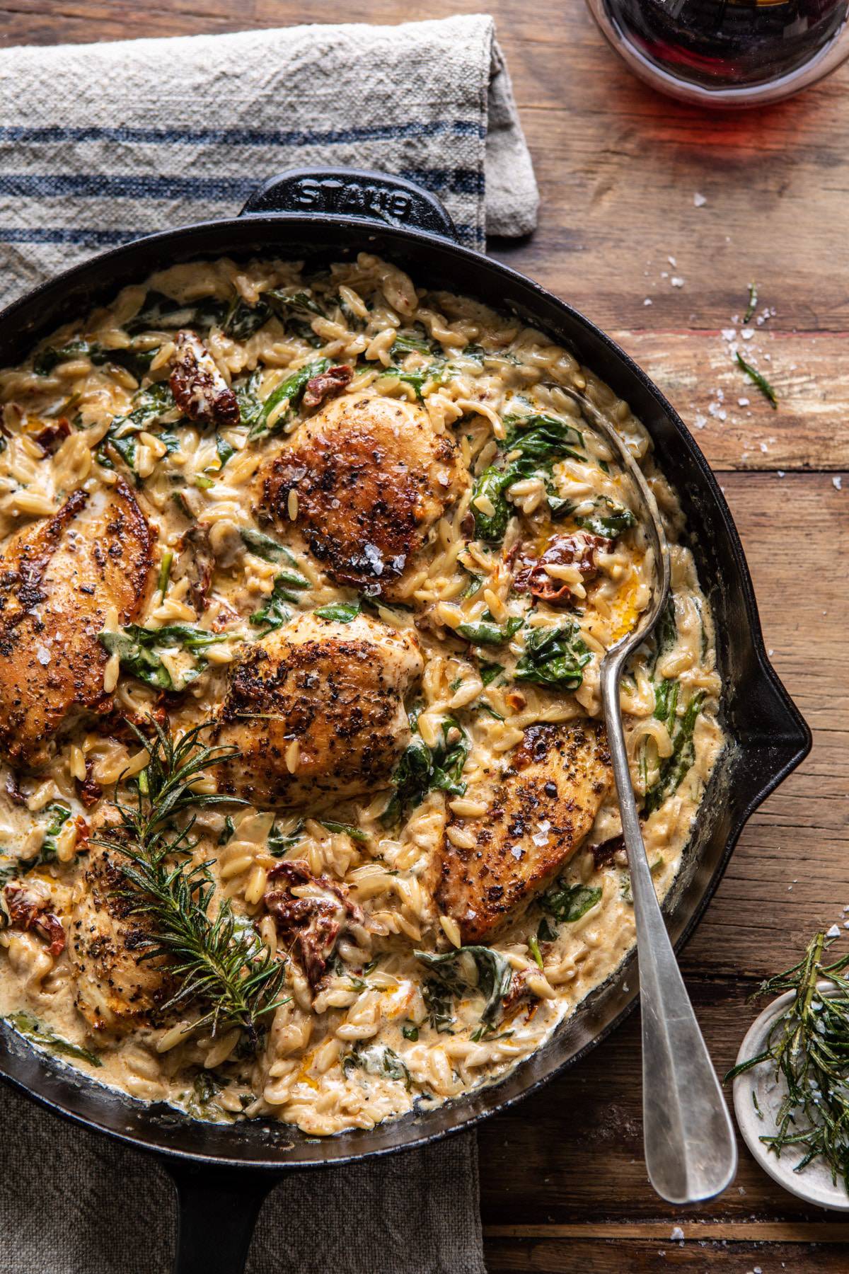 One Skillet Creamy Sun-Dried Tomato Chicken and Orzo | halfbakedharvest.com #skilletdinner #chicken #orzo
