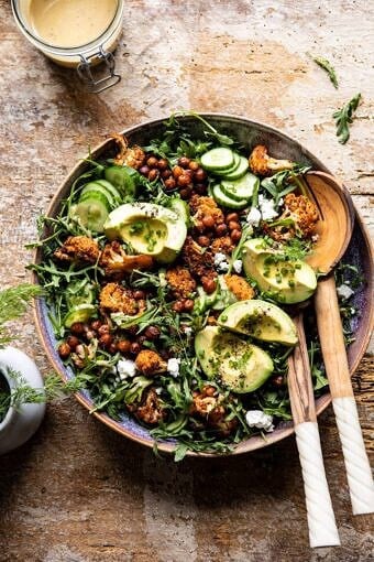 Roasted Cauliflower Salad with Creamy Honey Mustard Vinaigrette | halfbakedharvest.com #healthyrecipes #salad #cauliflower